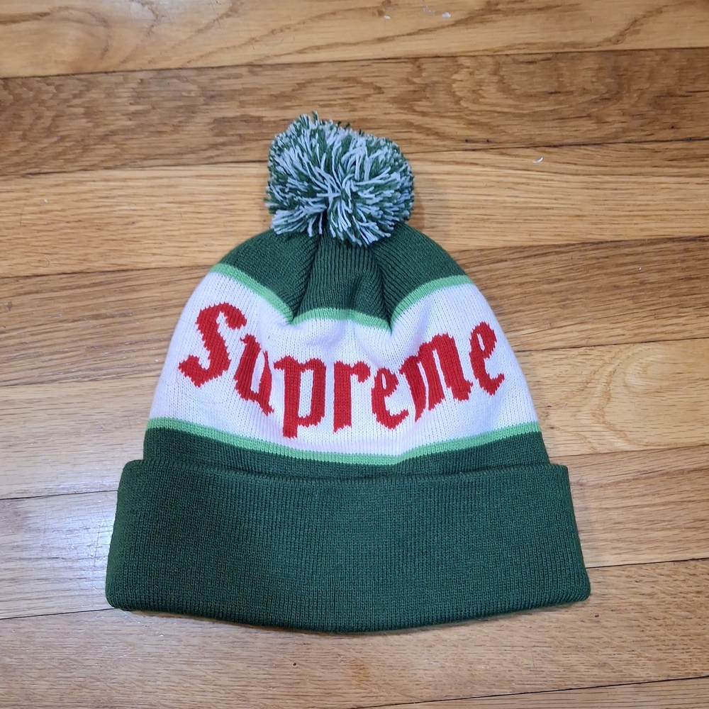 Supreme Alpine Beanie with Green and White Pom-Pom Cuff Jacquard Knit OS Supreme